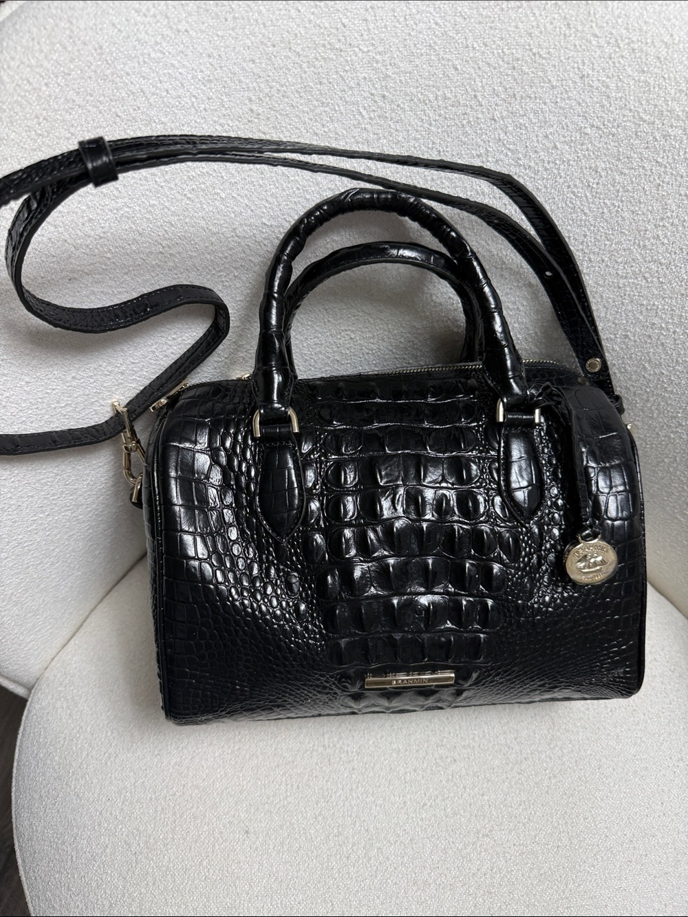 Brahmin Black Croc-Embossed Top-Handle Satchel with Shoulder Strap